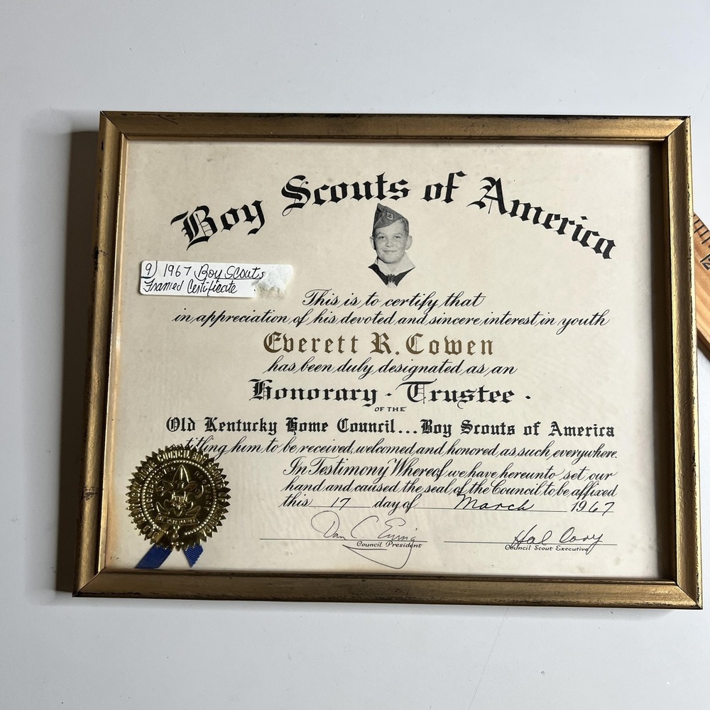 Vintage 1967 Boy Scouts of America Honorary Trustee Framed Certificate Kentucky